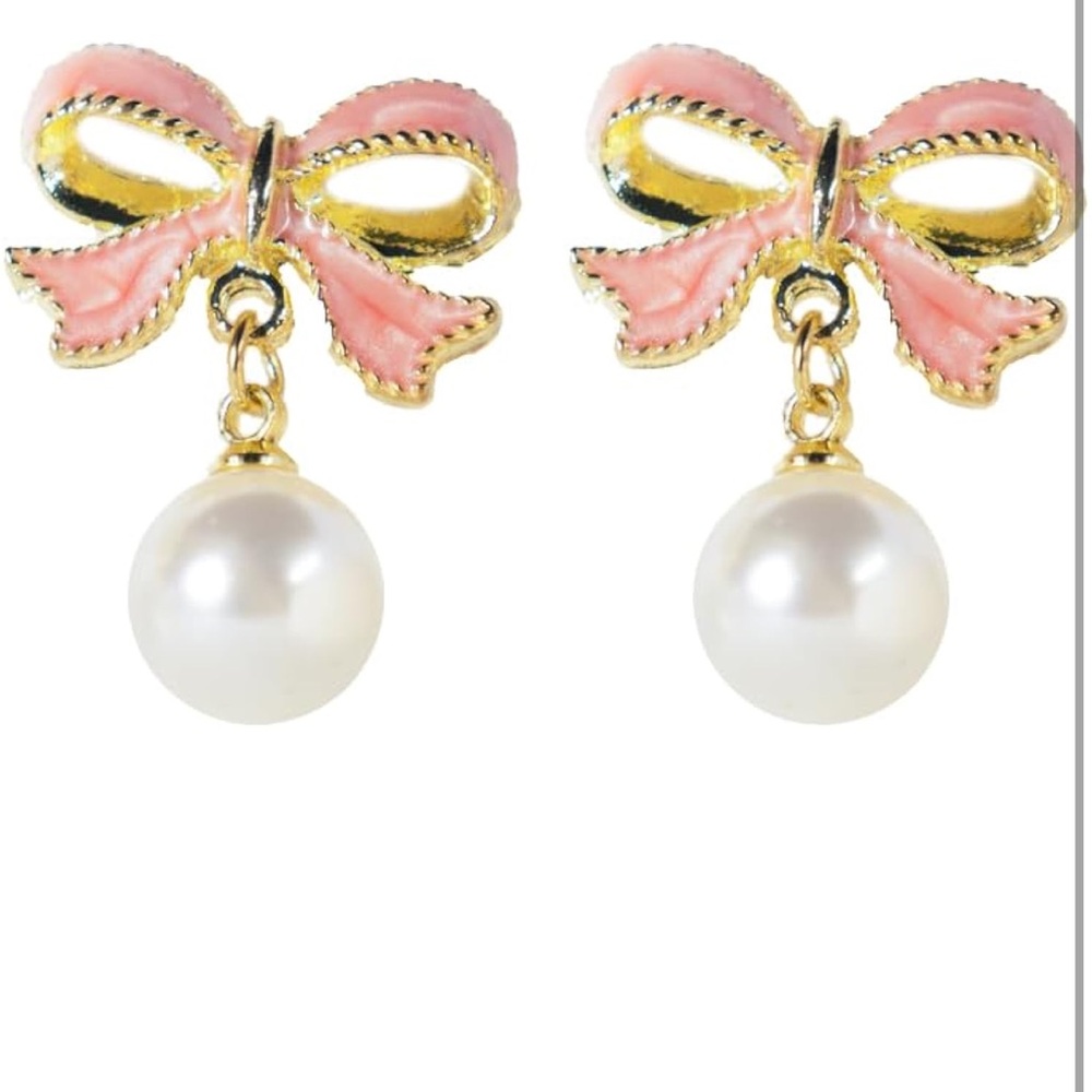 Gold and Pink Bow Earrings with Pearl Accent